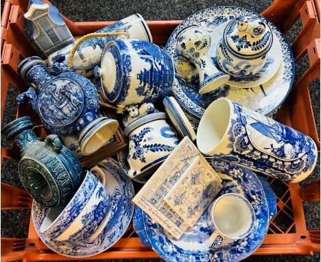 A crate of Delft blue and white wear together with Dunmore vase etc