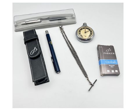 A silver pocket watch chain with T bar, Ingersoll triumph pocket watch and three parker pens and refills