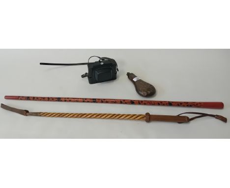 Vintage leather woven riding crop, African style walking staff, copper powder flask and a Cosmic Symbol camera