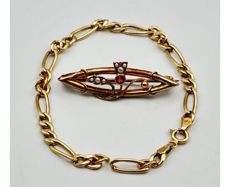 9ct scrap gold bracelet (broken) together with 9ct gold ladies seed pearl and amber/citrine stone brooch Total Weight - 5.82g