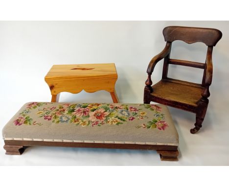 Antique child's chair, floral upholstered footstool and wooden footstool