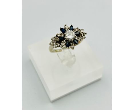 Platinum 18ct diamond/sapphire cluster ring size M 1/2, centre diamond approx 60pts [4.42g]