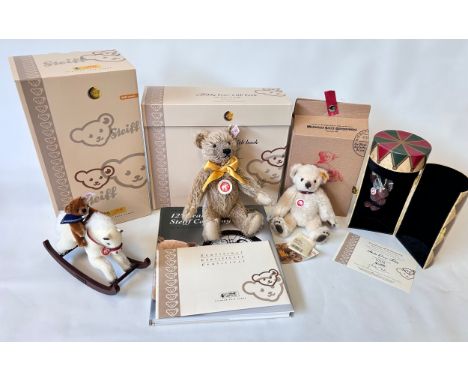 A mixed lot of Steiff bears to include "125 Years of Bear" with book, Teddy bear with Rocking Horse Reddish Brown (8cm) [No.0