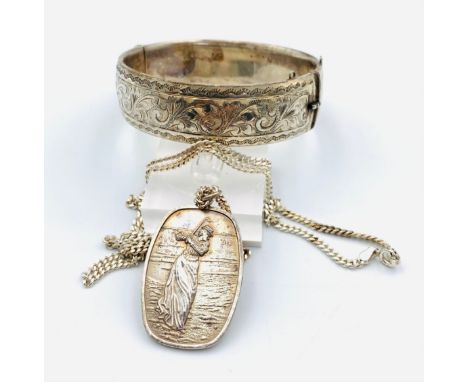 Silver hinged bangle, GJLd George Jensen London 1960, engraved scroll design to one half, together with a silver golfing meda