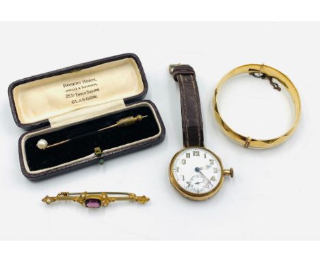 9ct gold plated bracelet, yellow metal brooch, hat pin and Elgin U.S.A wristwatch
