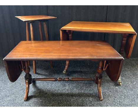 Two antique drop end tables together with a square oak plant stand