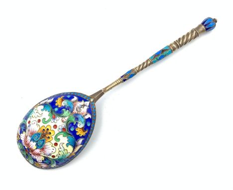 Russian silver gilt and cloisonné enamel serving spoon, marked 84, enamelled shaft and rear of the gilt bowlLength - 19.5cmWe