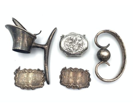 Collection of Silver to include Birmingham silver miniature purse and Port and Sherry labelsTotal Weight - 279.78g