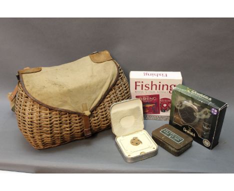 A fishing creel, together with fishing DVD, Glenfiddich hip flask, fly box, cast box etc.