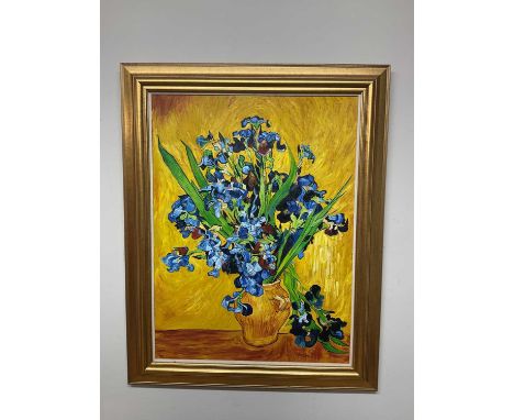 AFTER VINCENT VAN GOGH; oil on canvas, iris, 79 x 59cm, framed.