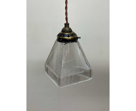 A clear holophane square rim pendant light with metal gallery, diameter 11.5cm.