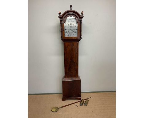 TRUSCOTT, ST AUSTELL; a longcase clock with a walnut veneered case, brass weights and brass and wooden pendulum, height 216cm