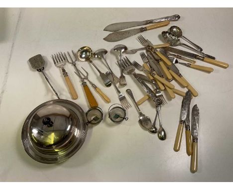 A group of silver plate including a muffin dish, flatware etc.