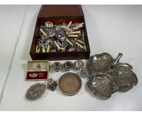 A quantity of silver plate including flatware, three section dish, etc.