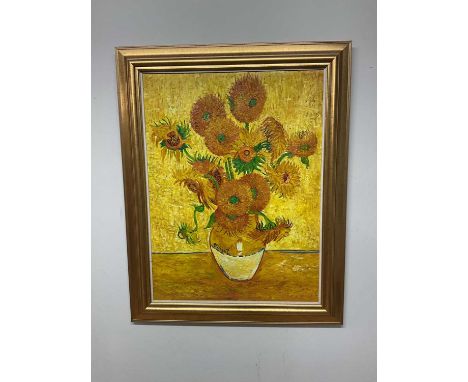 AFTER VINCENT VAN GOGH; oil on canvas, sunflowers, 79 x 59cm, framed.