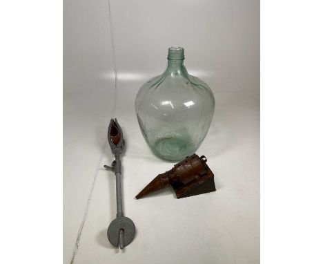 A vintage glass carboy, height 55cm, a vintage bee smoker and a vintage Featherwate shooting stick (3).