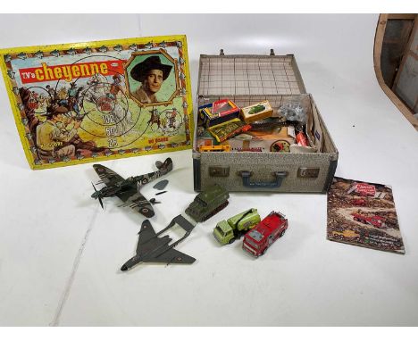 A collection of vintage toys contained in a suitcase including Dinky, Corgi, Matchbox and Airfix, together with a Spanish pla