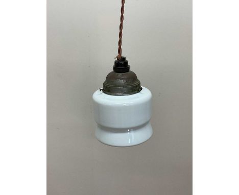 An opaline pendant light with metal gallery, diameter 14cm.