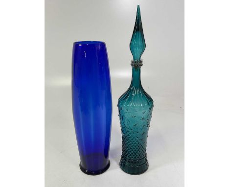 Two pieces of mid 20th century Italian Empoli art glass including a blue bullet vase, height 47cm and a genie decanter bottle