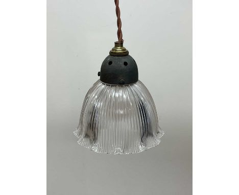 A clear holophane wavy rim pendant light with metal gallery, diameter 16cm.