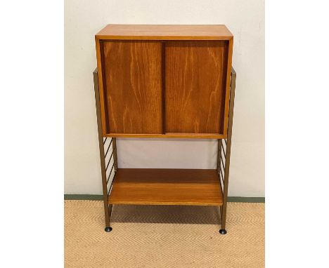 STAPLES LADDERAX; a teak and metal ladder wall unit comprising one shelf and a single box with sliding doors and an internal 