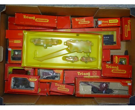 OO SCALE MODEL RAILWAYS: A crate containing a large quantity of TRI-ANG / HORNBY wagons together with a brakedown crane - all