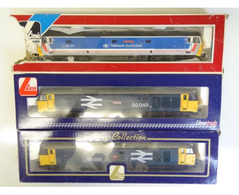 OO SCALE MODEL RAILWAYS: A trio of LIMA Class 50 diesel locos - VG in F/VG boxes (3)