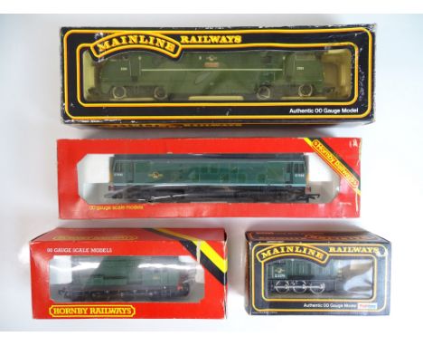 OO SCALE MODEL RAILWAYS: A group of diesel locomotives by HORNBY and MAINLINE in BR green livery - MAINLINE locos possibly in