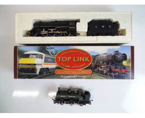 OO SCALE MODEL RAILWAYS: A pair of HORNBY steam locomotives comprising: An R297 Class 8F in LMS black (boxed) and an unboxed 