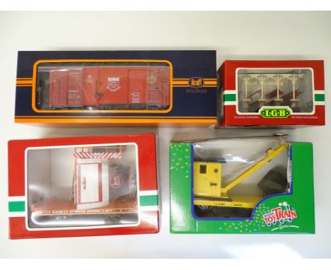 G SCALE MODEL RAILWAYS: A group of wagons together with a coach, by LGB and others - G/VG in F/G boxes (4)