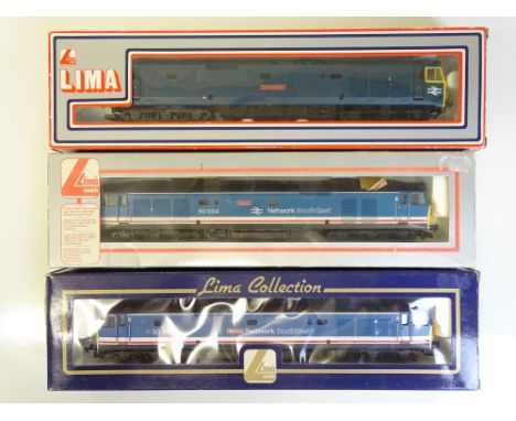 OO SCALE MODEL RAILWAYS: A trio of LIMA Class 50 diesel locos - VG in G/VG boxes (3)