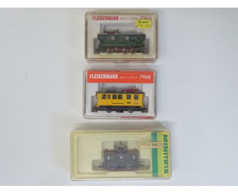 N SCALE MODEL RAILWAYS: A group of three small electric locomotives by FLEISCHMANN and MINITRIX - G/VG in G boxes (3)