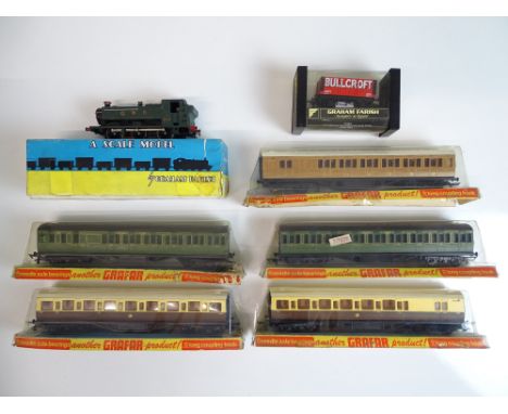 OO SCALE MODEL RAILWAYS: A group of rolling stock by GRAHAM FARISH to include a steam pannier tank loco, five coaches and a w