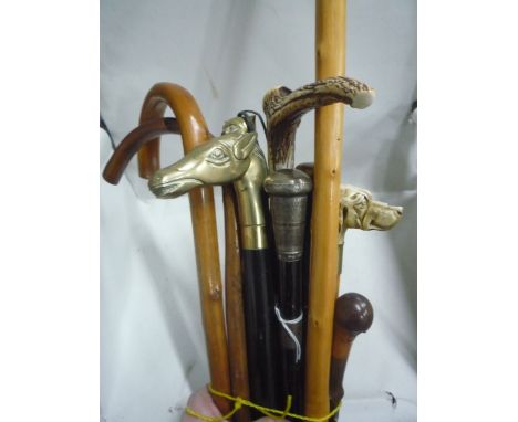 VARIOUS WALKING STICKS, to include a silver topped and collared stick, fishing rod (9) 