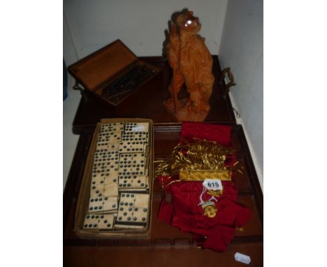 BONE DOMINOES, Masonic sash and medallions, box of various keys, wooden figure etc 