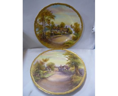 TWO HAND PAINTED ROYAL WORCESTER PLATES, Anne Hathaway's Cottage and Tewksbury, with gilt borders, signed R Rushton, diameter