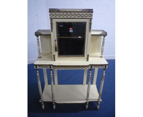 A FRENCH STYLE CREAM AND GILT SIDE CABINET, the central glazed cupboard flanked by shelves and further shelf below