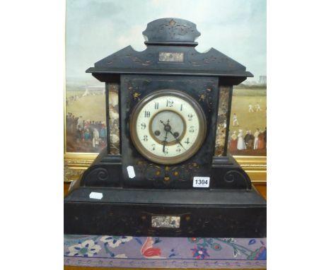 A VICTORIAN BLACK SLATE MANTLE CLOCK, (key & pendulum)