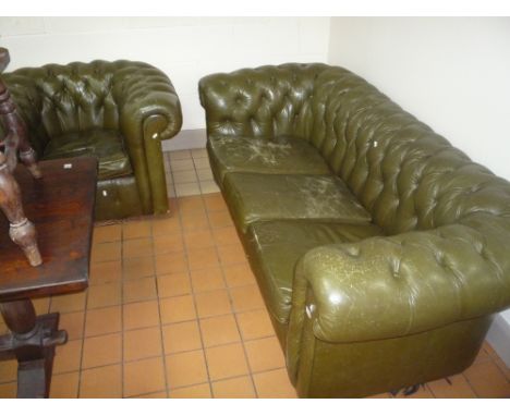 GREEN LEATHER THREE SEATER CHESTERFIELD SOFA, a matching armchair and two other chairs (sd) (4) 