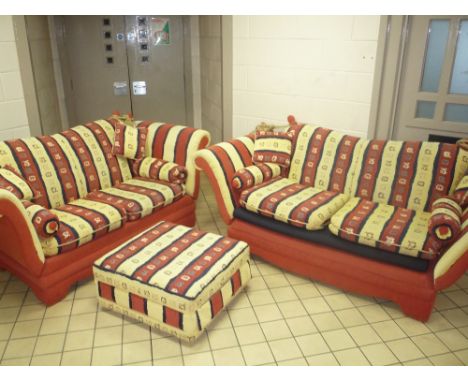 PAIR OF KNOLL TWO SEATER SOFAS, and a pouffe with terracotta lemon and blue upholstery (sd) (3) 