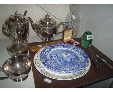 A VICTORIAN GLASS PAPERWEIGHT, floral inclusion, a four piece plated tea service and other miscellaneous