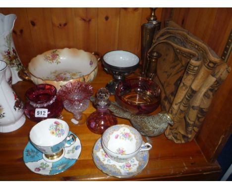 VARIOUS CERAMICS, GLASS, metalware, wall hanging etc, to include Carltonware bowl, ruby coloured glass etc  