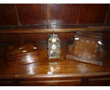 A RECENT SMITHS LANTERN CLOCK, an oak cased mantle clock and a small work box (s.d.) (key) (3)