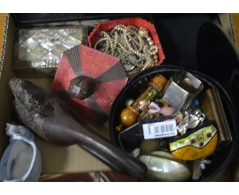 A BOX OF MISCELLANEOUS ITEMS, to include a nut cracker, trinket boxes, jewellery etc