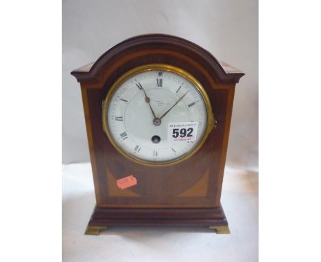 AN INLAID MANTLE CLOCK, Roman numeral dial mark Webster, Victoria Street, London (key and pendulum)