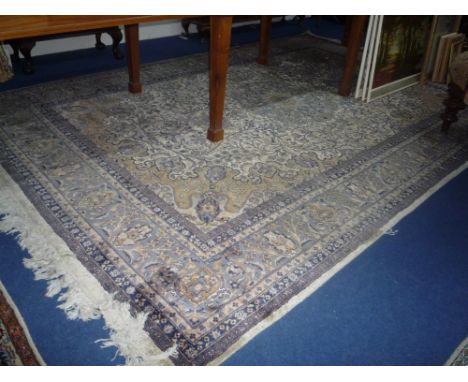 BLUE AND OATMEAL GROUND CARPET, approximate size 330cm x 216cm and another cream ground rug approximate size 216cm x 140cm (s