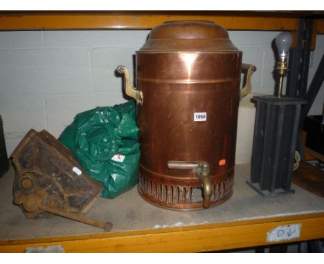 COPPER URN WITH TAP, large stoneware planter, hayknife etc (6) 