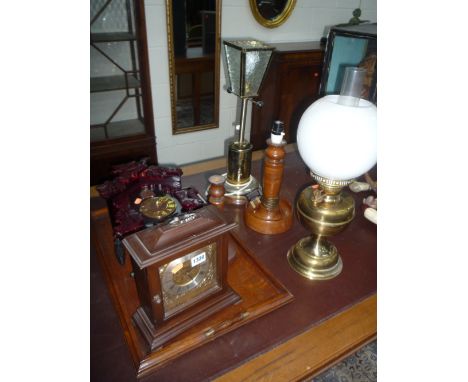 A MANTLE CLOCK, a modern cuckoo clock, an oak tray, an oil lamp, etc (7)