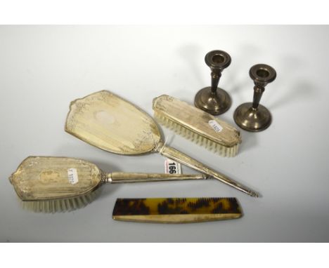 A 1960'S SILVER FOUR PIECE DRESSING TABLE SET, with engine turned floral and swag decoration, Birmingham, together with a pai