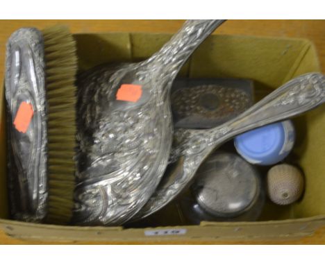 A SMALL BOX OF MISCELLANEOUS ITEMS, to include dressing table items, trinket boxes and perfume bottle